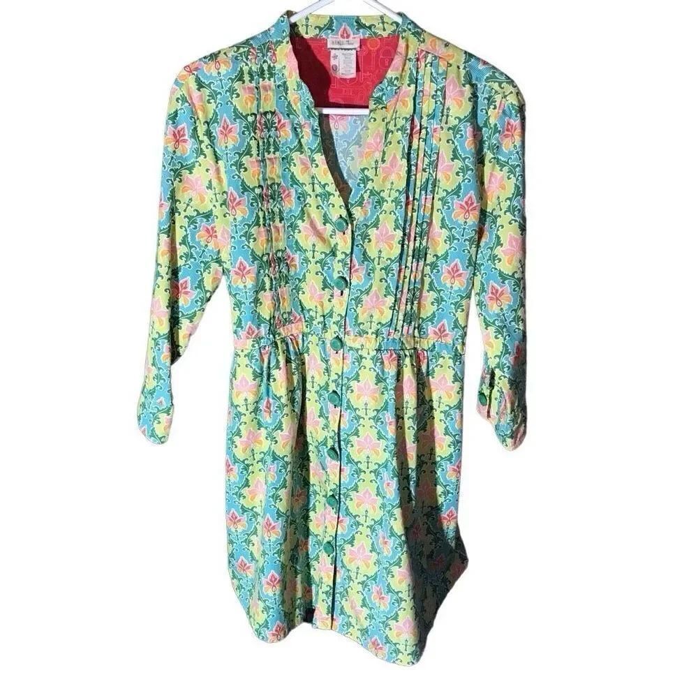 Matilda Jane button up 3/4 sleeve ties floral yellow green dress SZ Large